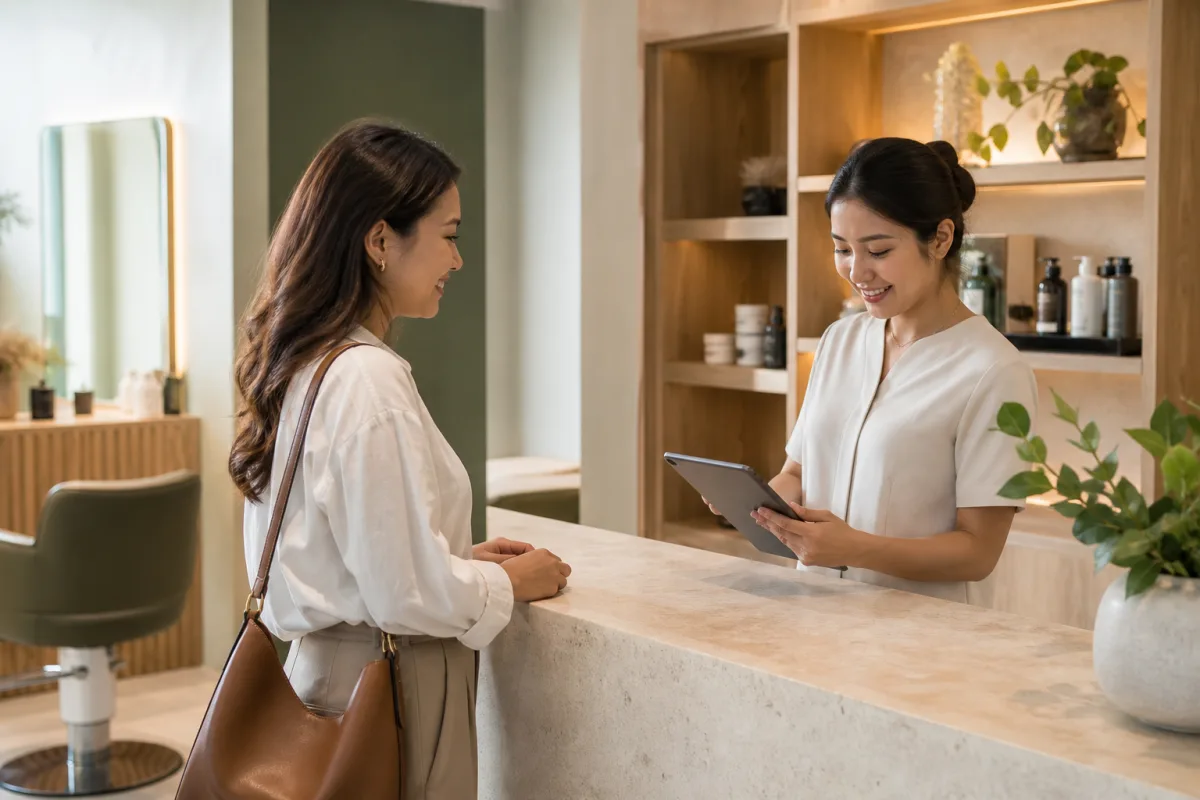 Receptionist checking an appointment while welcoming a customer at the salon