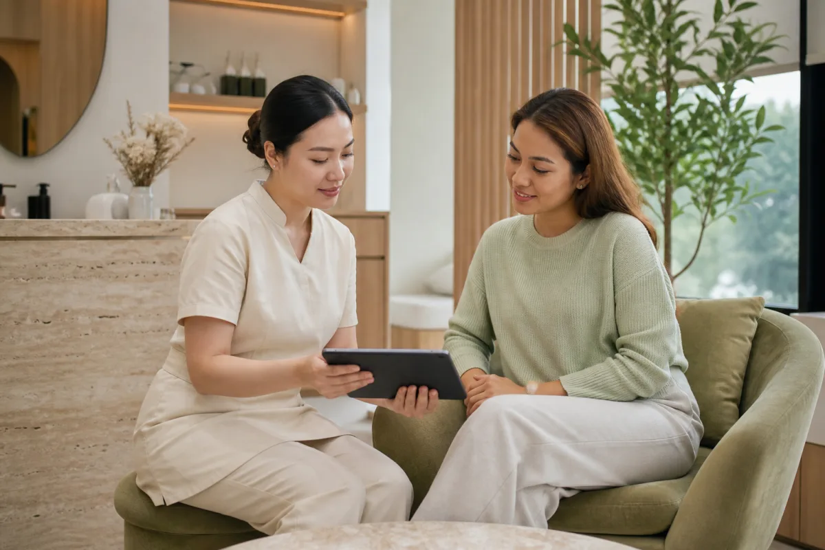 Beauty therapist reviewing customer needs during a personal consultation