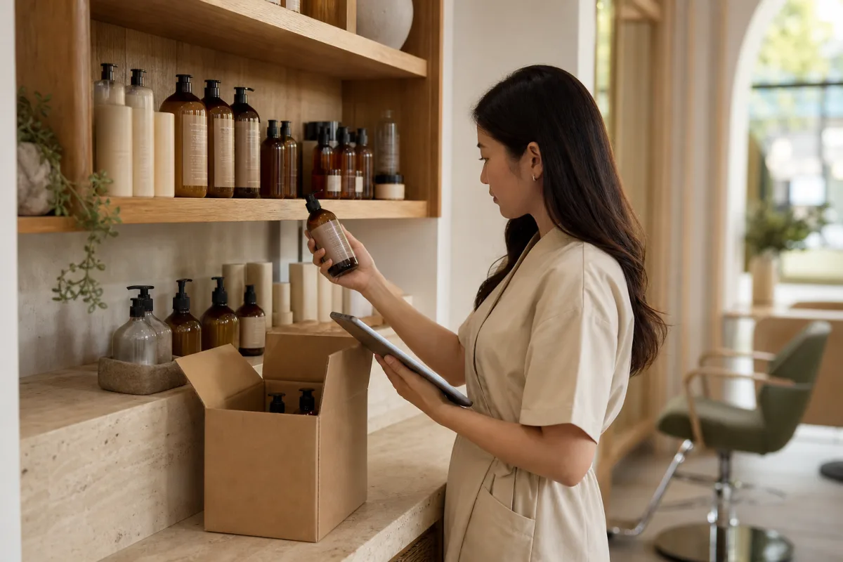 Salon staff checking haircare products and restocking a shelf