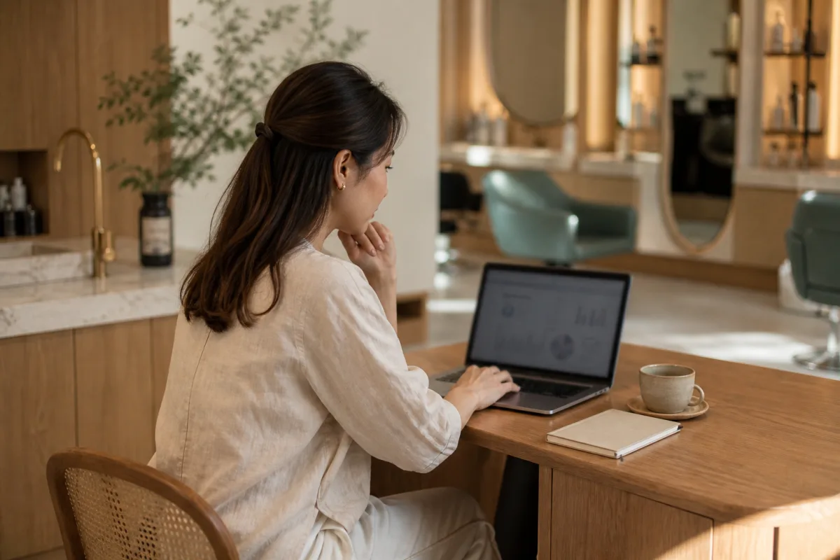 Salon owner reviewing business performance on a laptop