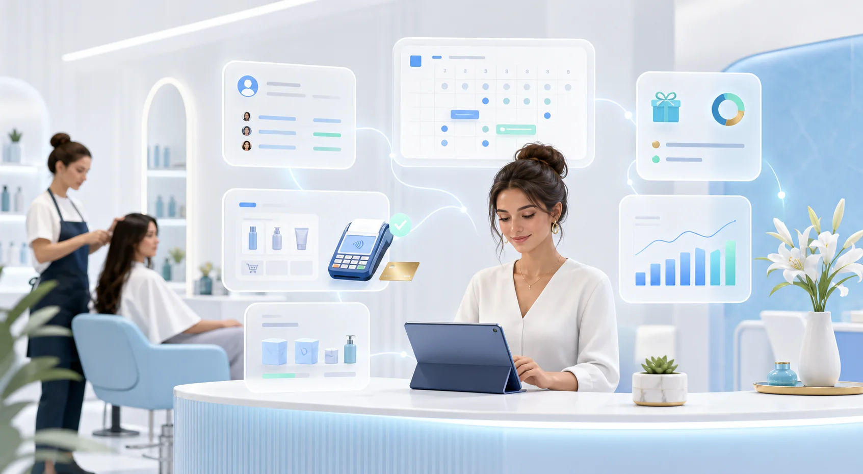 Salon owner using FitzFlow to connect bookings, POS sales, staff, stock, packages, and reports.